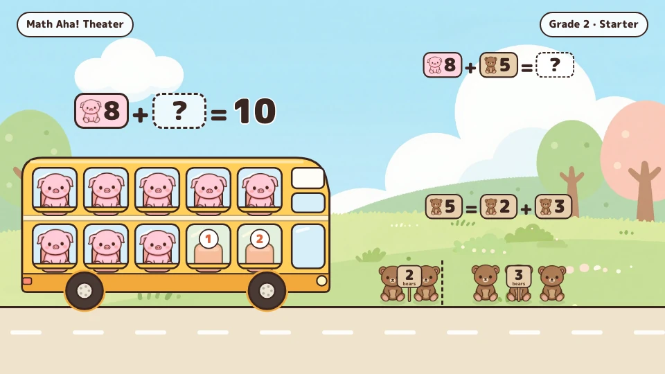 Eight pigs on the bus. The five bears are split into two bears to fill the gaps and three bears to stay outside