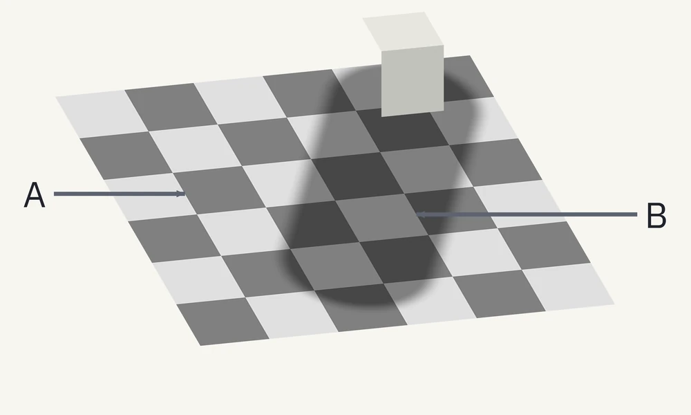 Viewing: a checkerboard with a block and a shadow. Label A points to a square outside the shadow; label B points to a square inside it.