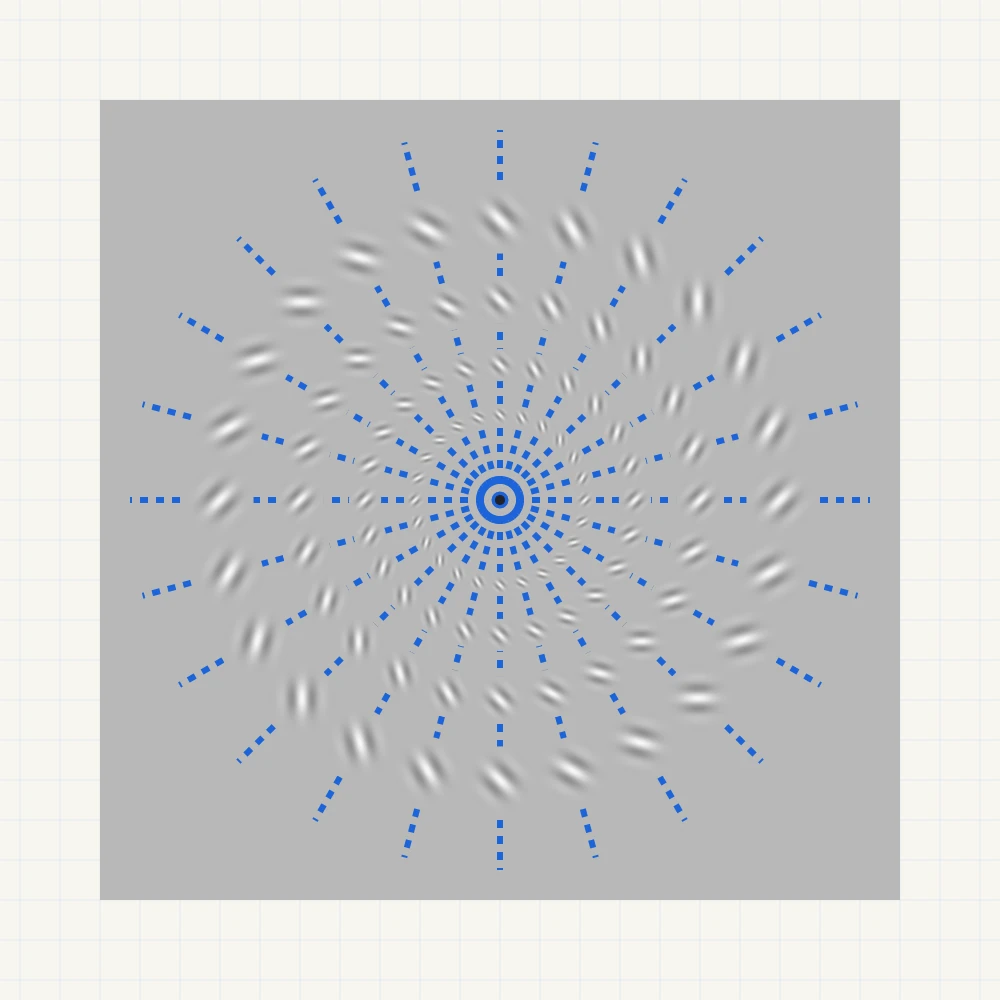 Check: 24 blue radial guides pass through the patch centers. Rotation around the center is 0° during a trial with fixed stripe orientation.