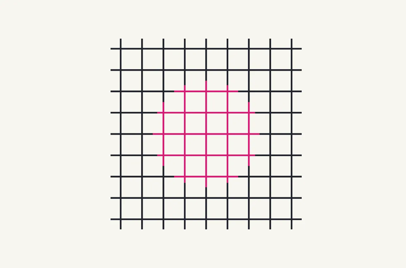 An ink grid where only the segments inside a central circle are magenta.