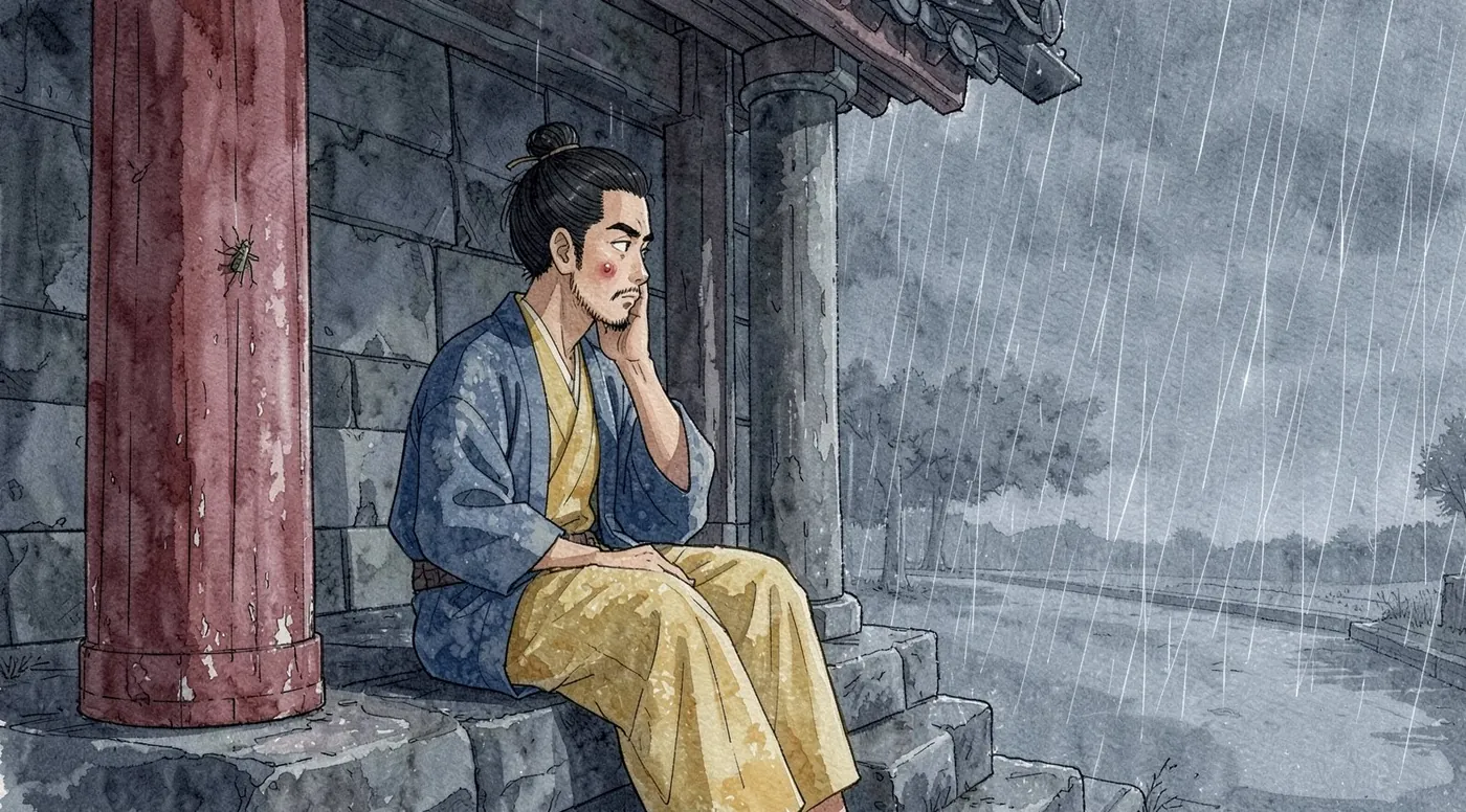 The servant sitting on the top step, his right hand on his right cheek, watching the rain