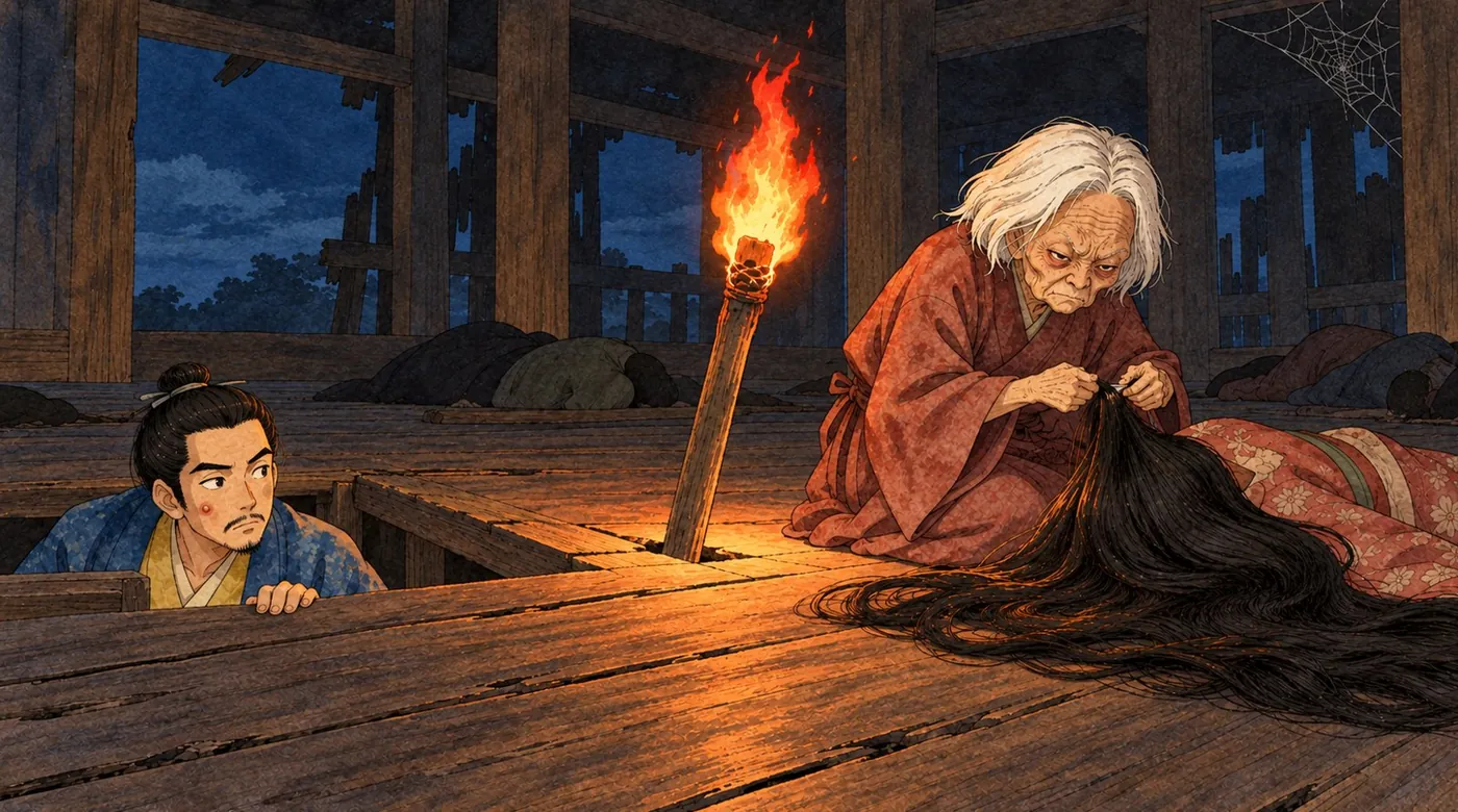 An old woman pulling hair from a dead woman beside a torch stuck in the floor, while the servant peers up from the ladder hole