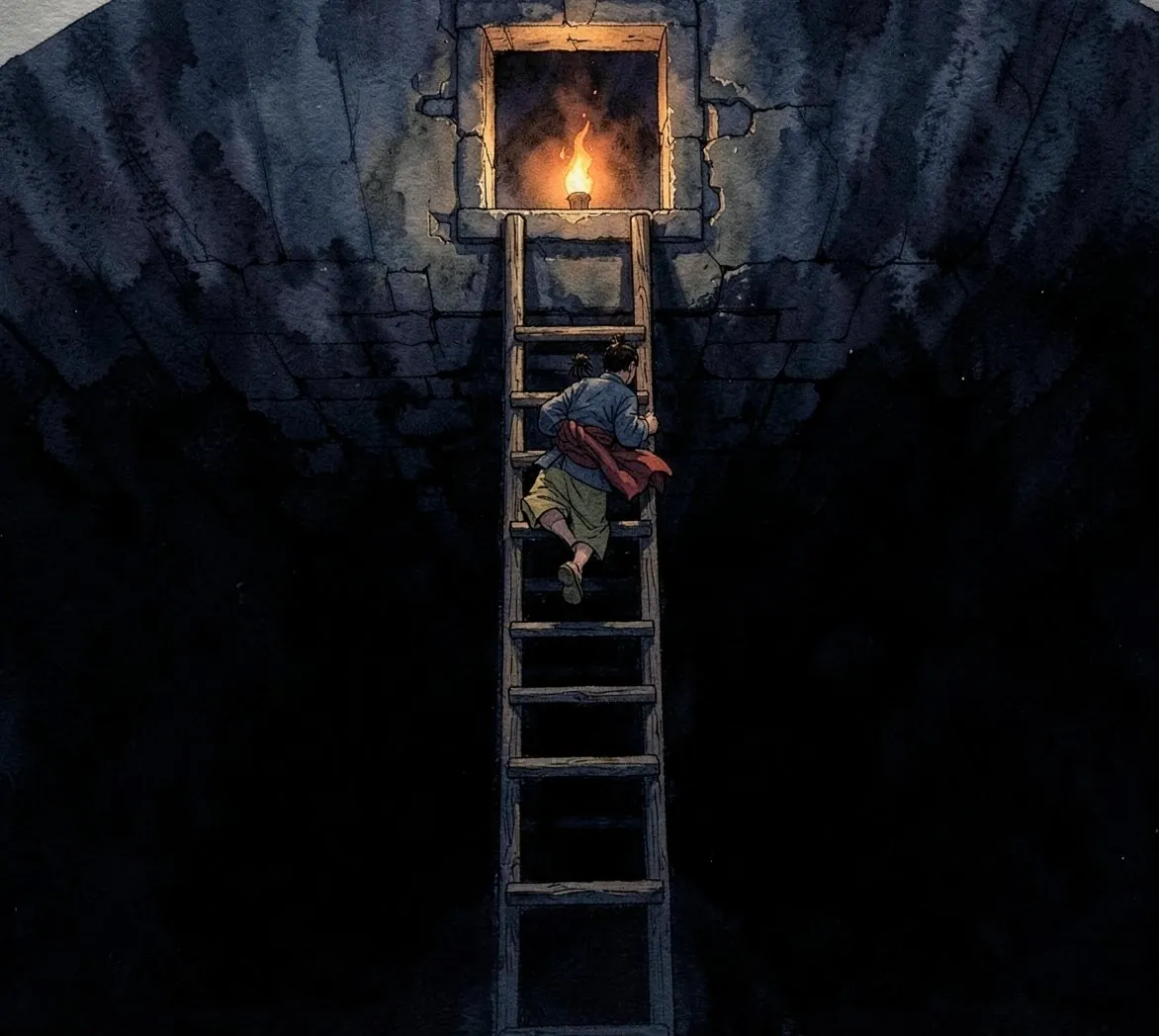 The servant's back as he rushes down the steep ladder with the stripped kimono under his arm