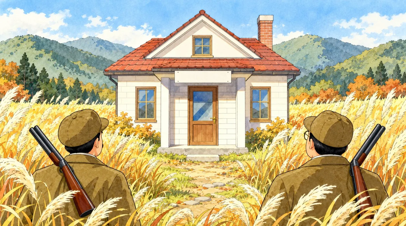 The Western-style house in the grass, with the two men seen from behind