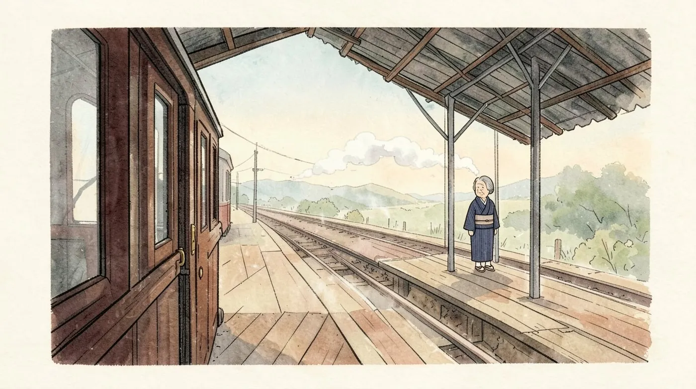 Kiyo, a small figure far down the station platform