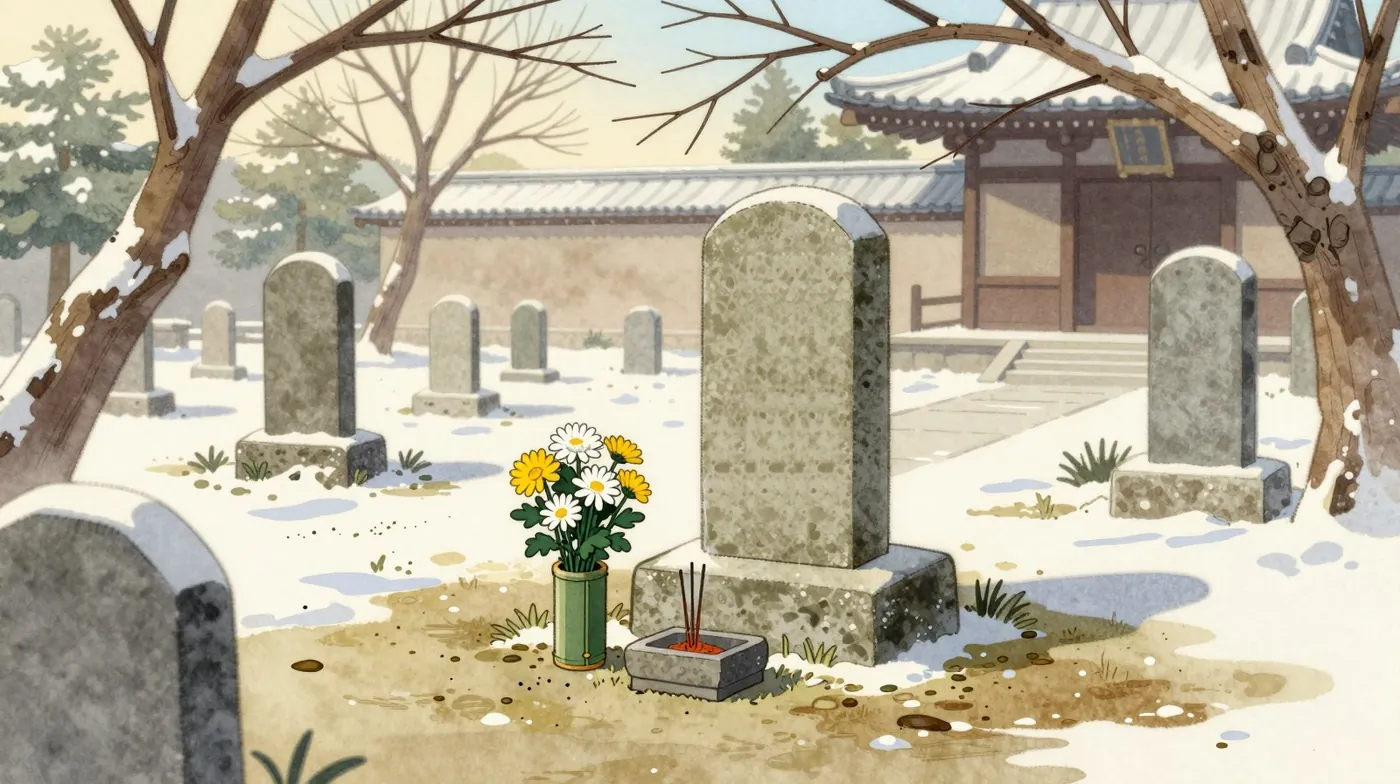 A temple graveyard on a winter morning, with a small gravestone and a thin line of incense smoke