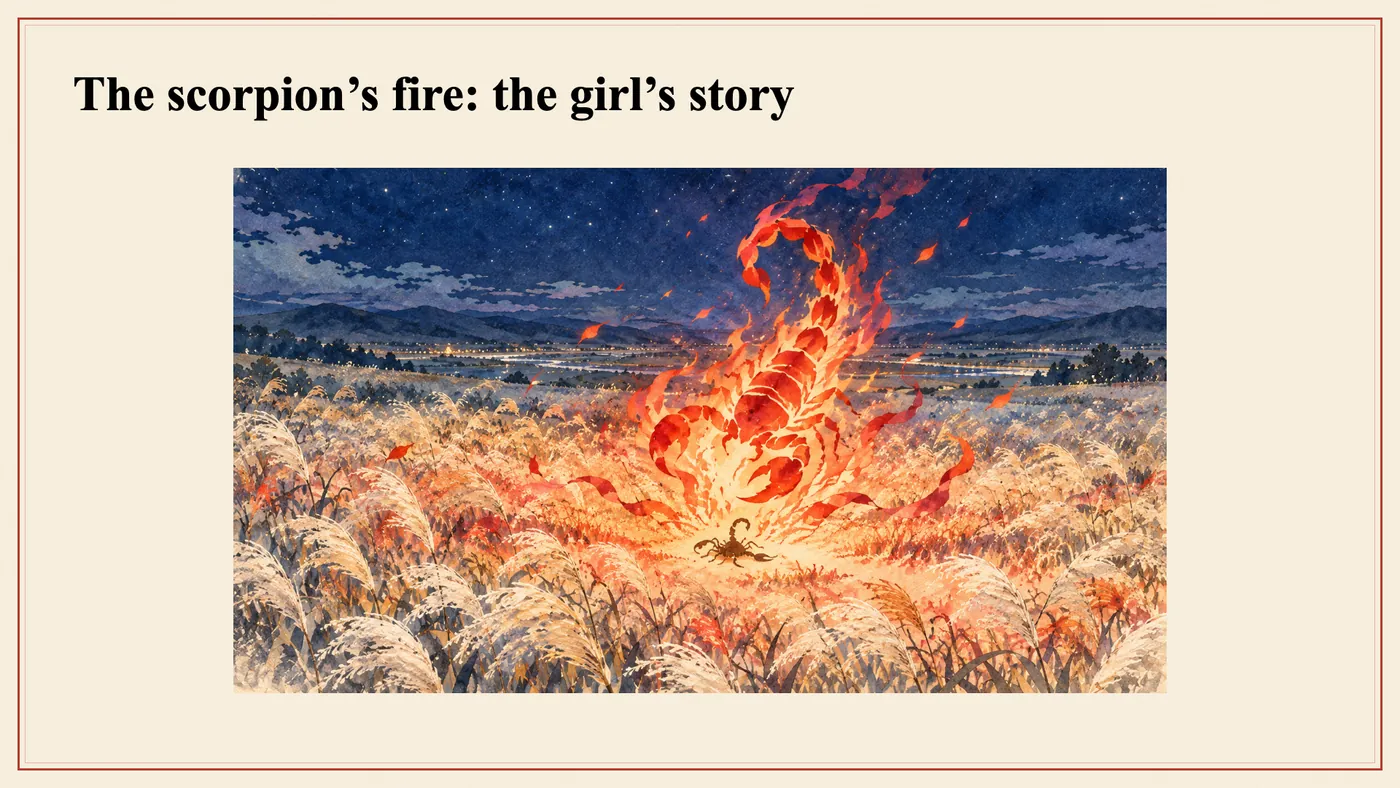 The story of the scorpion’s fire, told by the girl.
