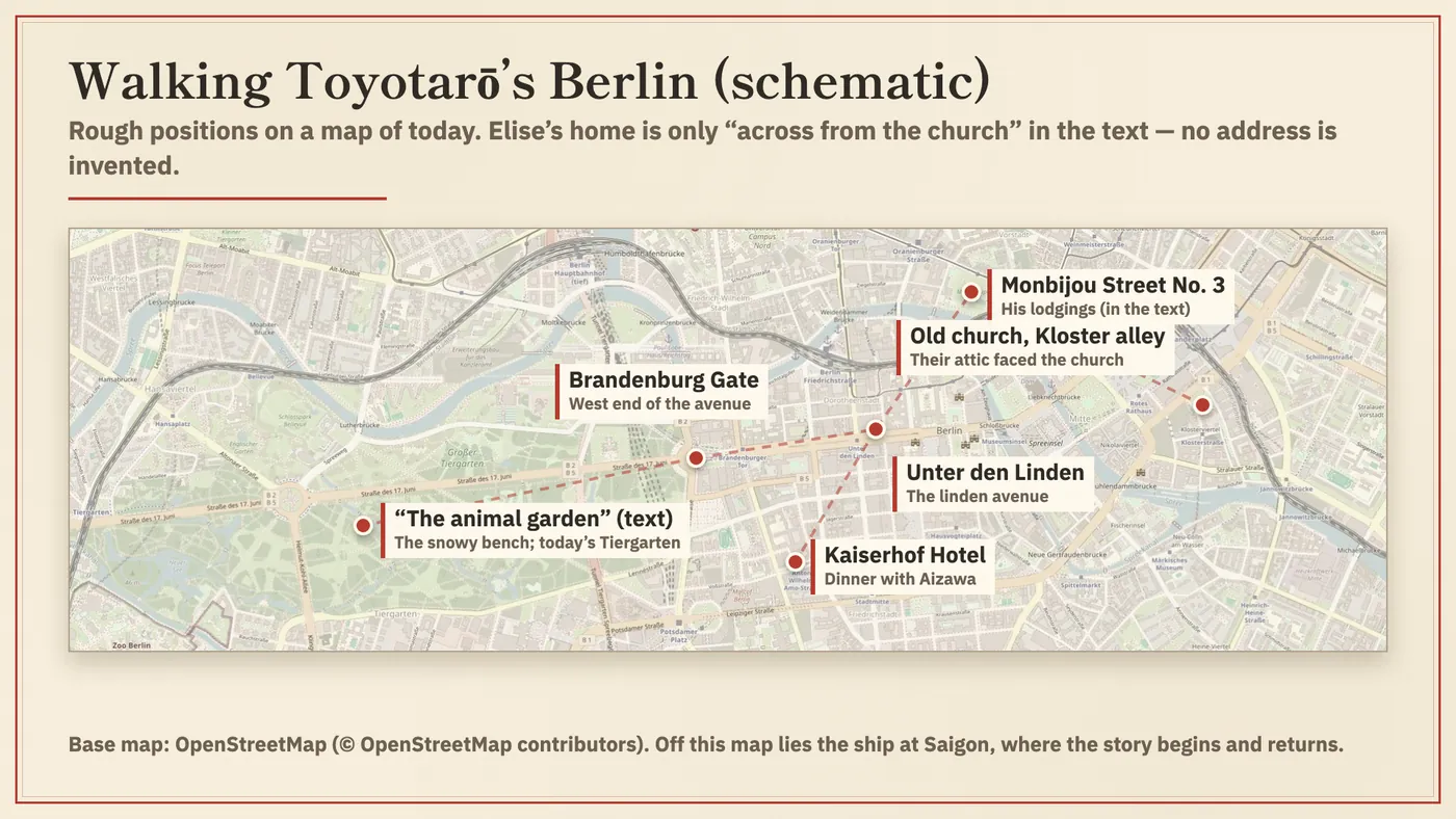 Walking his Berlin (schematic, on a map of today)