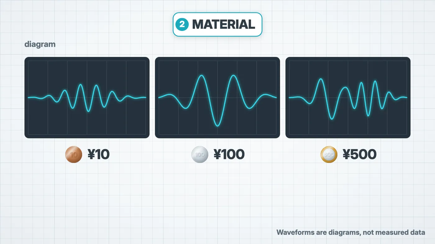 Figure 3. The ¥10, ¥100 and ¥500 coins each give a different signal (diagram, not measured data). In the video at 1:47.