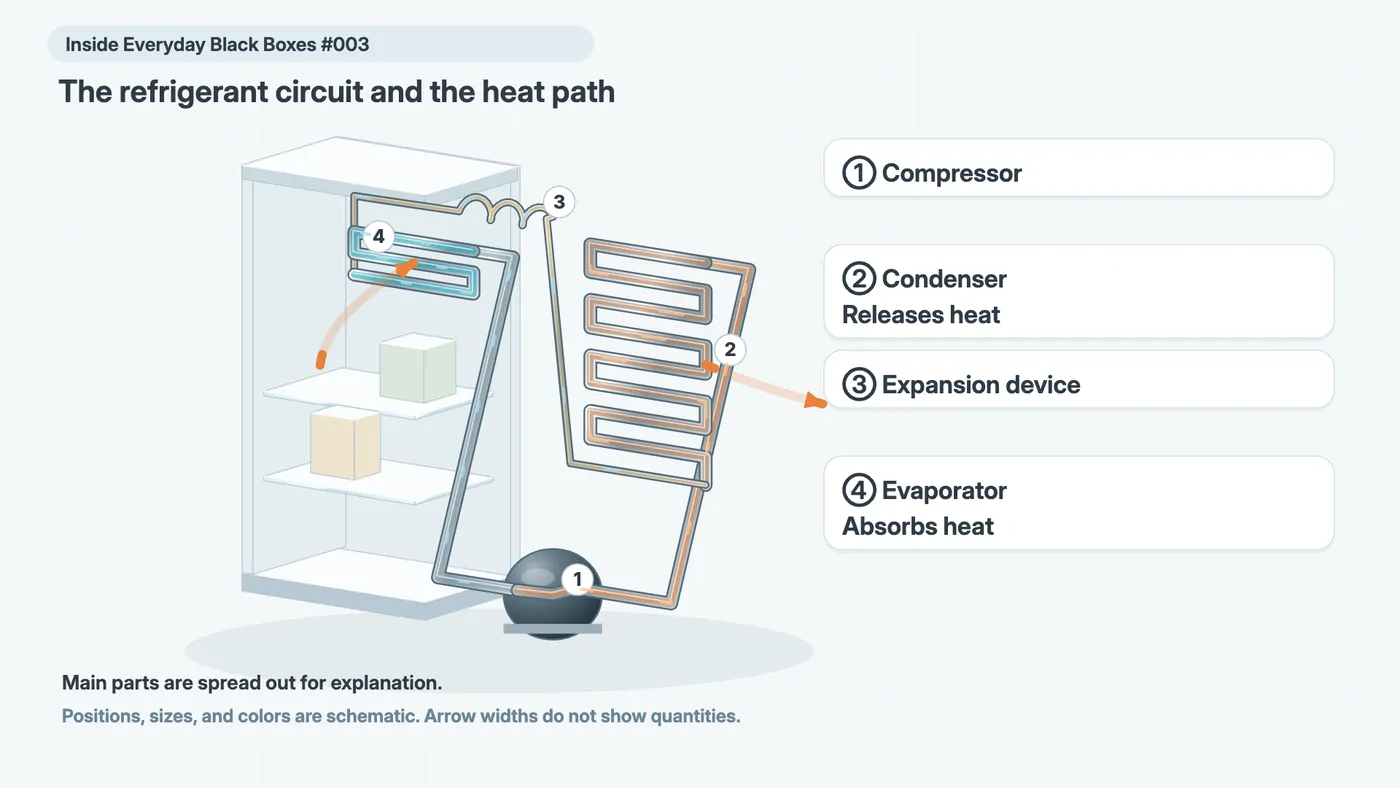 Refrigerant follows 1 compressor → 2 condenser → 3 expansion device → 4 evaporator → 1. Orange arrows show heat entering from the fridge interior and leaving for the room.