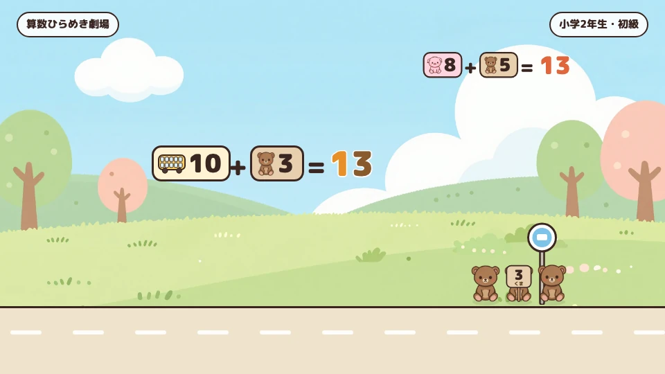 満員のバスと、次のバスを待つくま3匹。10+3=13