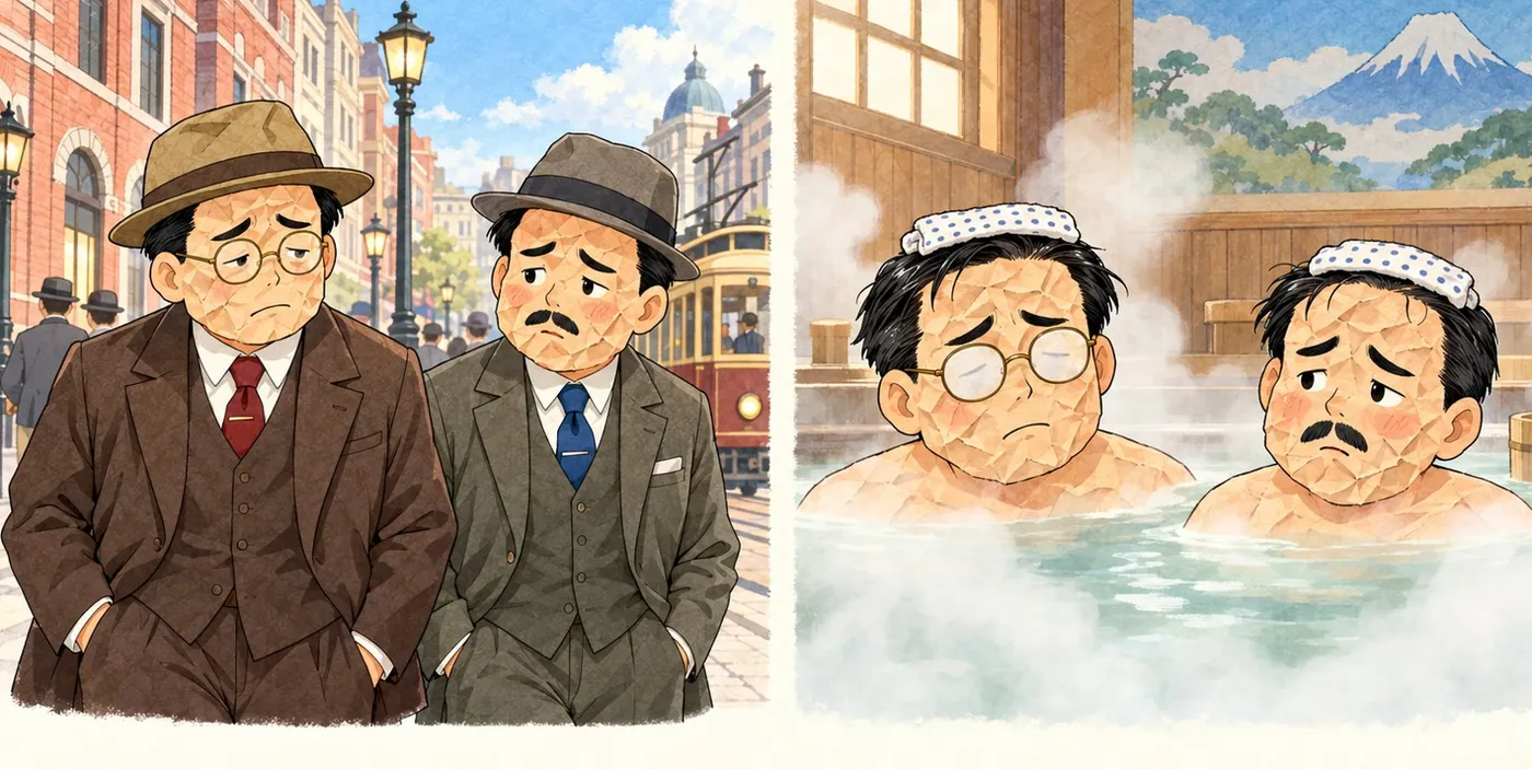 東京の通りと銭湯の二人。顔のしわは戻らない