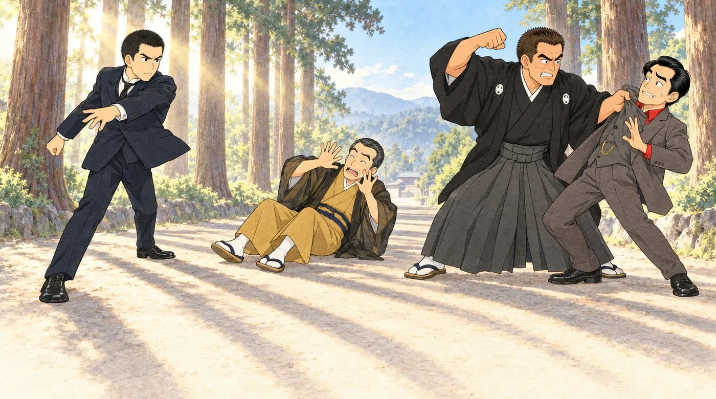 朝の杉並木。玉子と拳骨の場面