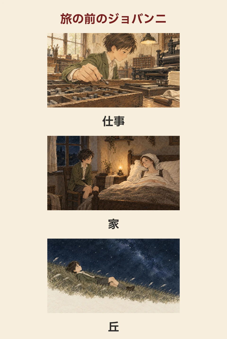 仕事・家・丘。旅の前のジョバンニ。