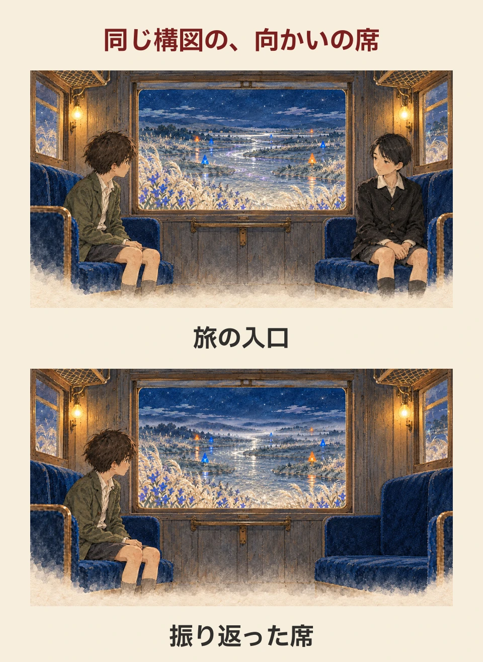 同じ構図の向かいの席。右のカムパネルラの姿がなくなっています。