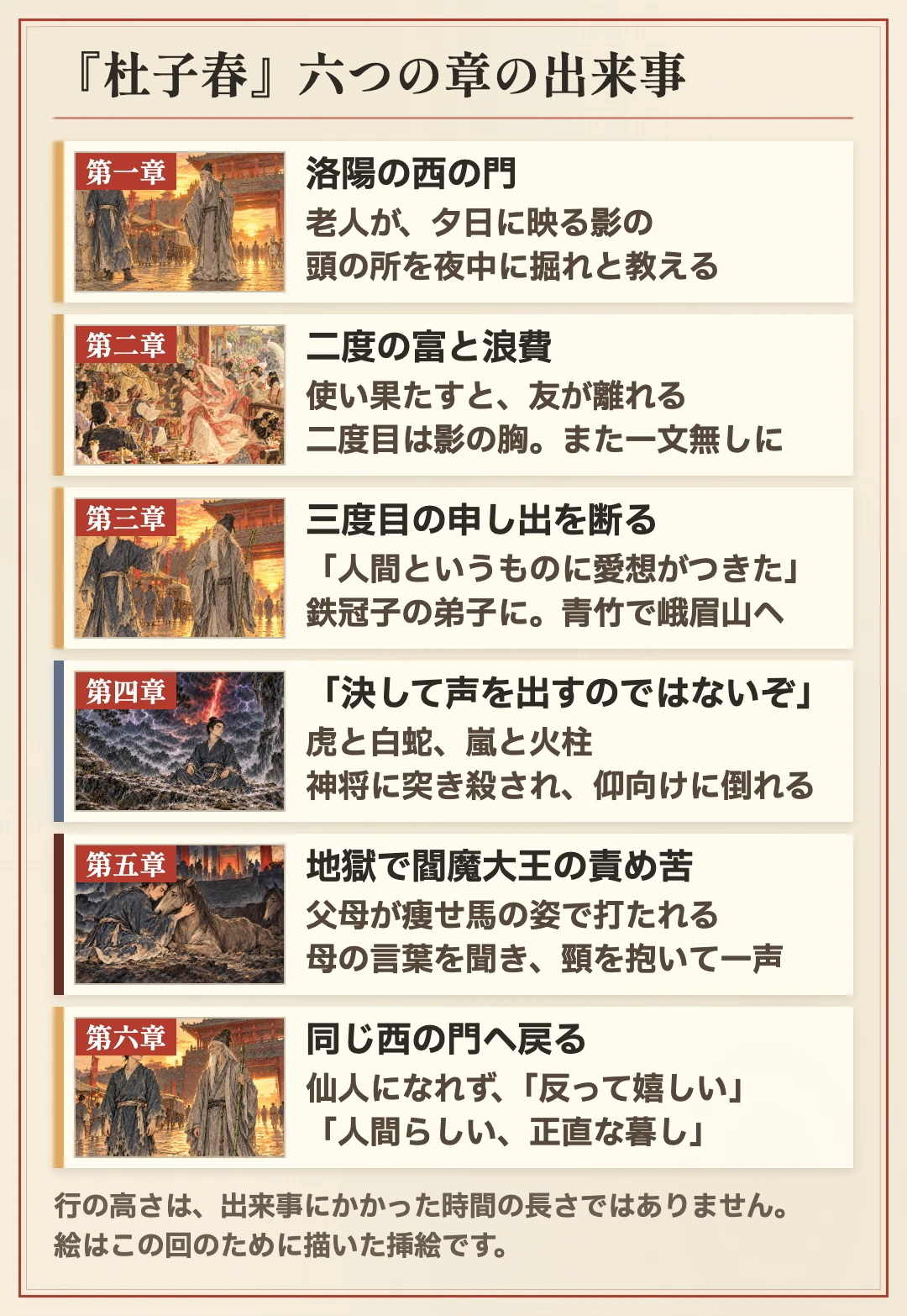 『杜子春』六つの章の出来事(行の高さは時間の長さではありません)