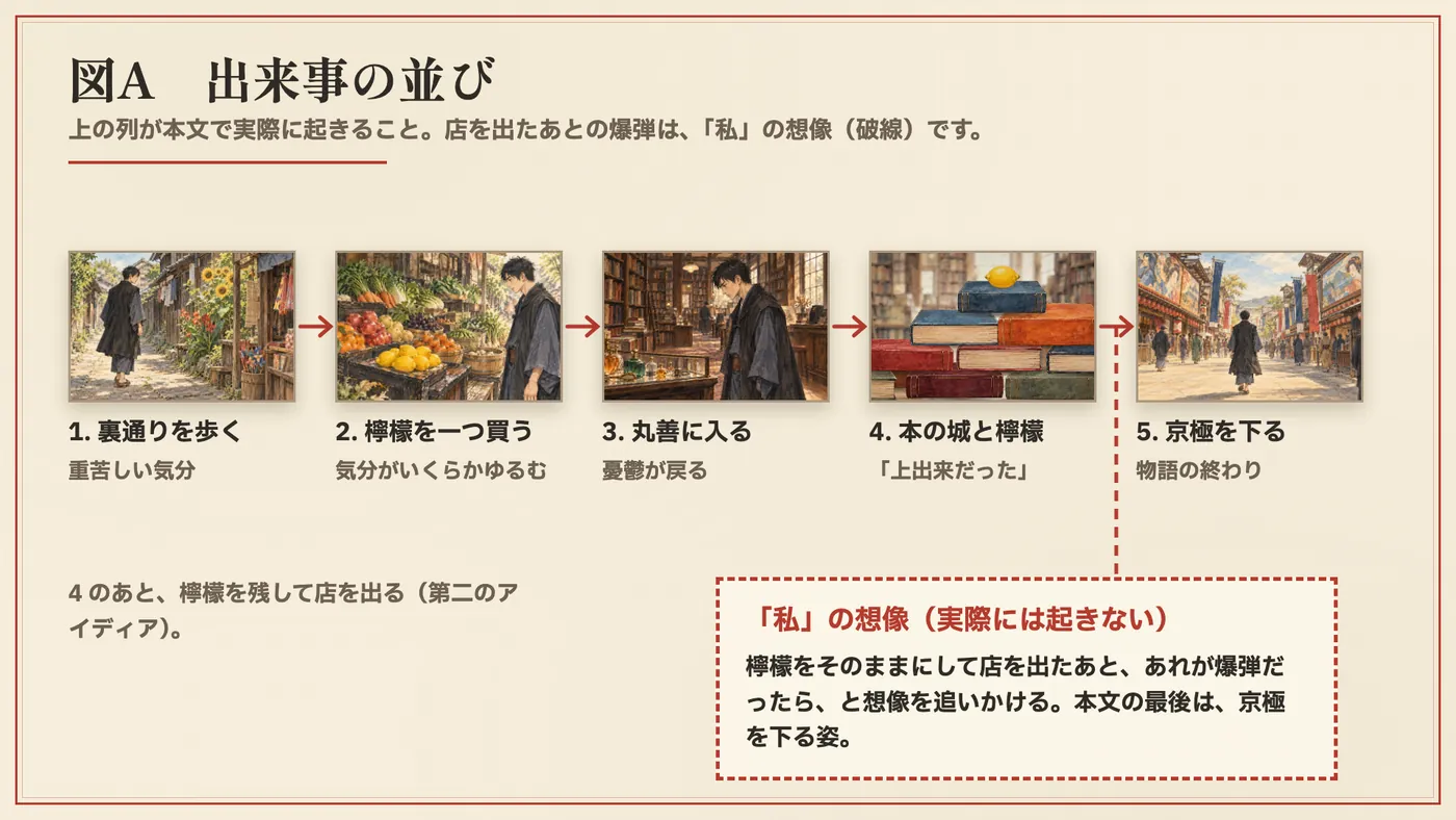図A 出来事の並び。上の列は本文で実際に起きること、破線は「私」の想像