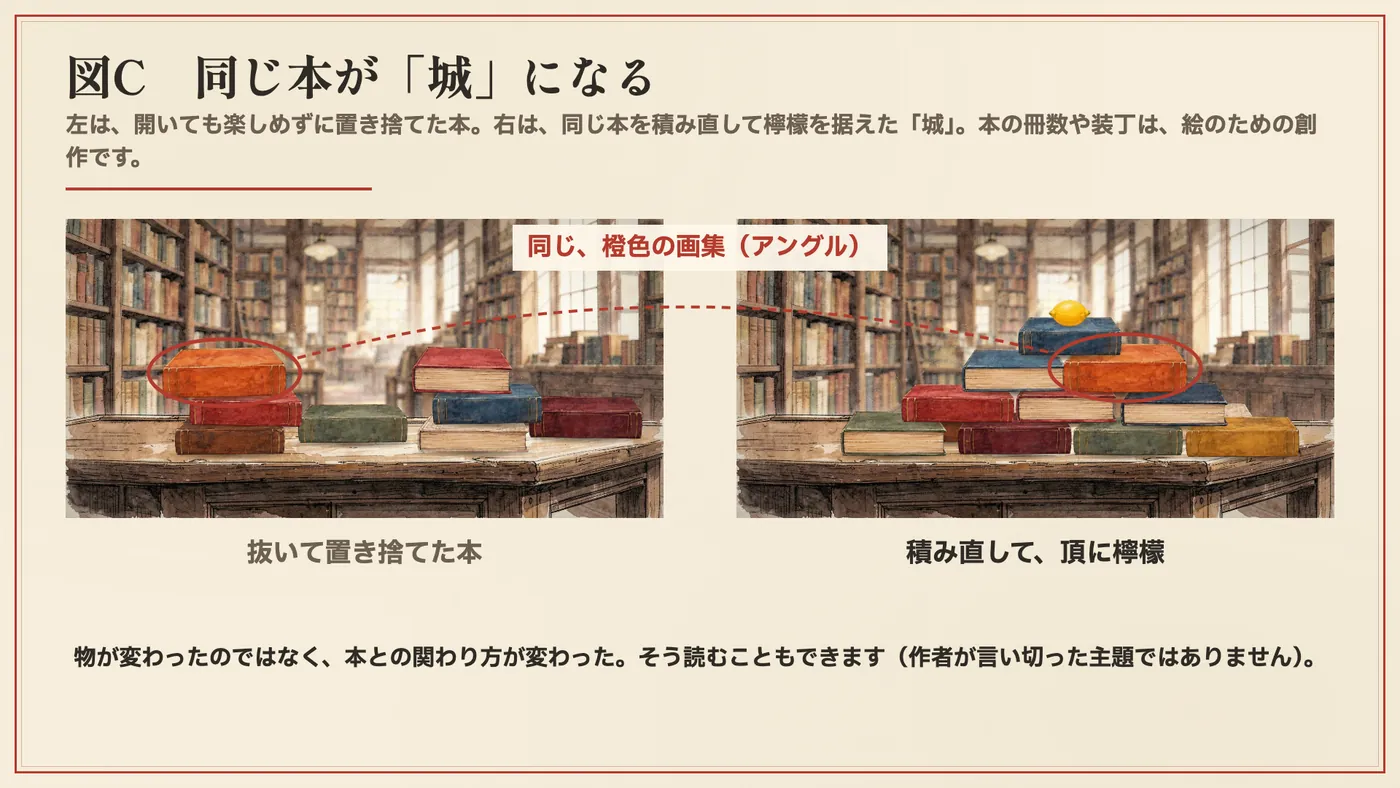 図C 同じ本が「城」になる。置き捨てた本の山と、並べ直した城