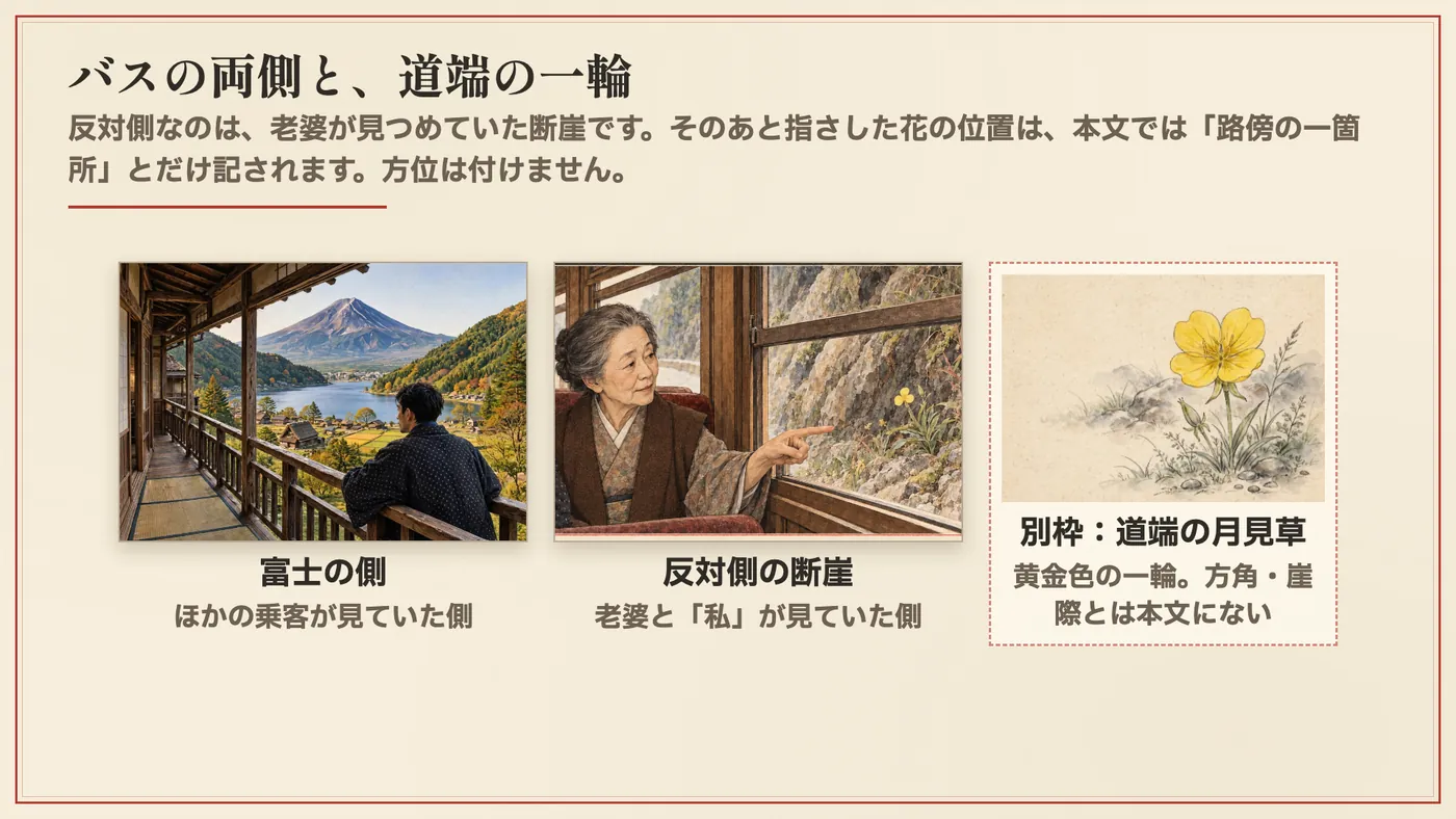 バスの両側と、道端の一輪
