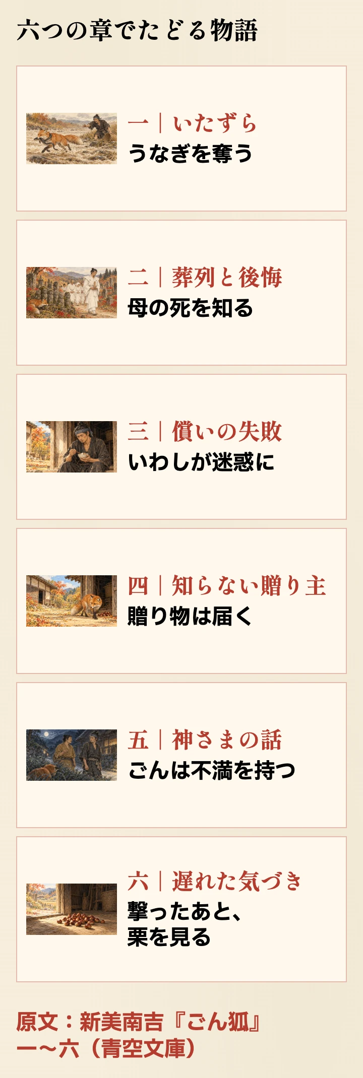 六つの章の出来事。原文「一」から「六」に基づく。