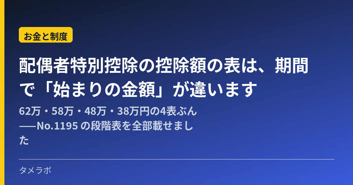 配偶者特別控除の控除額の表は、期間で「始まりの金額」が違います｜62万・58万・48万・38万円の4表ぶん——No.1195 の段階表を全部載せました
