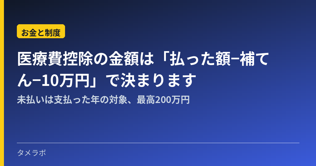 医療費控除の金額は「払った額−補てん−10万円」で決まります|未払いは支払った年の対象、最高200万円