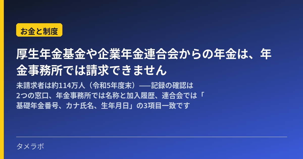 厚生年金基金や企業年金連合会からの年金は、年金事務所では請求できません｜未請求者は約114万人（令和5年度末）——記録の確認は2つの窓口、年金事務所では名称と加入履歴、連合会では「基礎年金番号、カナ氏名、生年月日」の3項目一致です