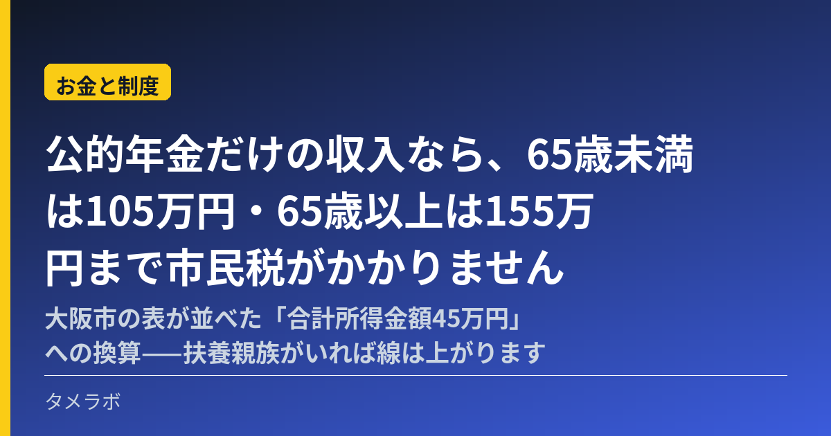 公的年金だけの収入なら、65歳未満は105万円・65歳以上は155万円まで市民税がかかりません|大阪市の表が並べた「合計所得金額45万円」への換算——扶養親族がいれば線は上がります