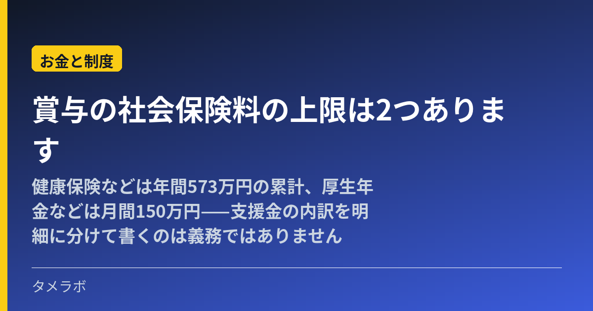賞与の社会保険料の上限は2つあります|健康保険などは年間573万円の累計、厚生年金などは月間150万円——支援金の内訳を明細に分けて書くのは義務ではありません