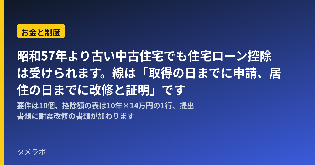 昭和57年より古い中古住宅でも住宅ローン控除は受けられます。線は「取得の日までに申請、居住の日までに改修と証明」です|要件は10個、控除額の表は10年×14万円の1行、提出書類に耐震改修の書類が加わります