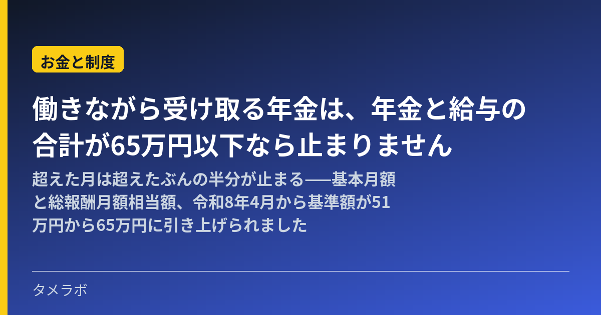 働きながら受け取る年金は、年金と給与の合計が65万円以下なら止まりません|超えた月は超えたぶんの半分が止まる——基本月額と総報酬月額相当額、令和8年4月から基準額が51万円から65万円に引き上げられました