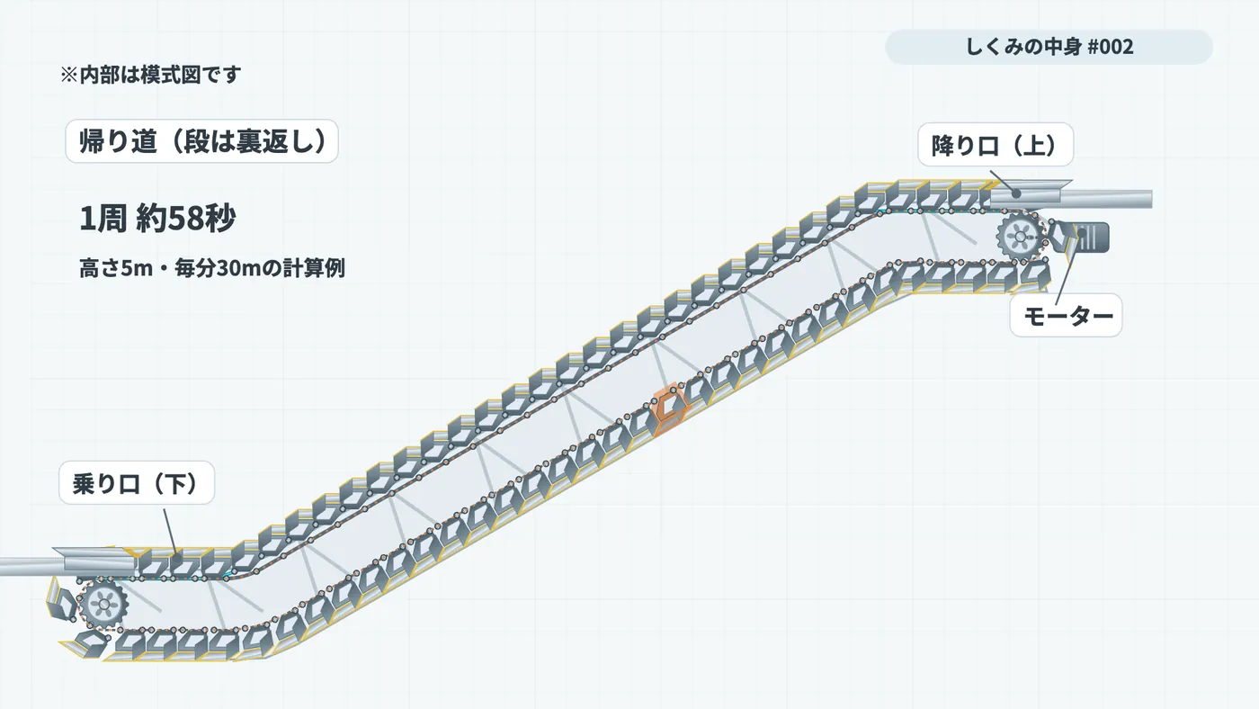 上りのエスカレーターの断面。上側は人を乗せる道、下側は裏返った段が戻る道で、両端で折り返す
